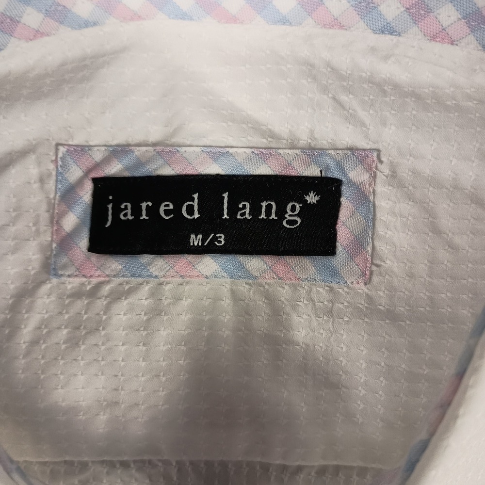 Jared Lang Button Down Shirt Mens M White Excellent Textured Dobby Blue Buttons - Picture 6 of 10
